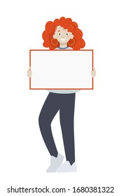 Girl holds a tablet, poster, poster. Empty field for text, announcement. Redhead girl with paper
