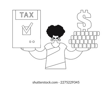 Girl holds a tax form and stack of coins in her hands. Illustration in vector style.