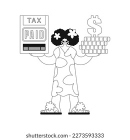 Girl holds tax return and stack of coins in hands. Vector illustration.