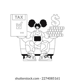 Girl holds tax return and stack of coins in her hands. Illustration in vector format.