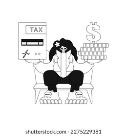 Girl holds tax return and a stack of coins in her hands. Illustration in linear vector style.