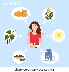 A girl holds tissue and a nasal spray in her hands. There are a lot of pills next to her. The girl has an allergic reaction to different types of plants and products. Pollen of birch, ragweed, sun.