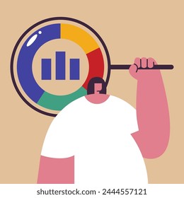 Girl holds tool for data analysis business concept. Technology for charts and marketing strategy. Fat vector illustration.