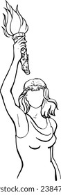 The girl holds a torch above her. Linear quick sketch without a face. Vector image of a man with a line. For printing advertisements, posters, business cards, banners. Greek goddess, sport and victory