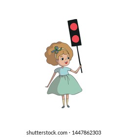 Girl holds a traffic light model with two red lights. Vector illustration on white background.