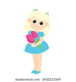 The girl holds tulips in her hands.  Illustration in cartoon style isolated on white background.