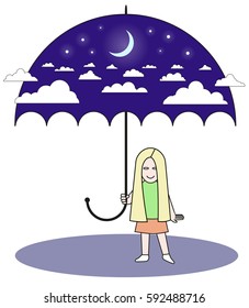 A girl holds an umbrella in form night sky. Vector illustration.