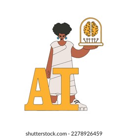 Girl holds a vector illustration of an artificial intelligence brain.