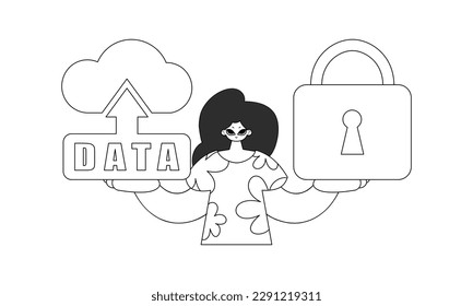 Girl holds a vector, linear logo symbolizing cloud storage technology for interconnectivity of devices