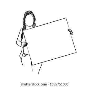 Girl holds a white sheet in hands, Flat Line Art Vector Design.