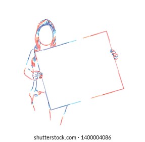 Girl holds a white sheet in hands, Flat Line Art Vector Design.