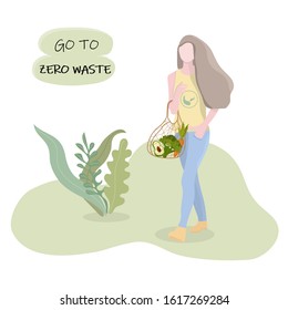 The girl holds a wicker eco-bag with avocado, broccoli and carrots. Cute female character in a t-shirt with a recycling symbol. The poster calls for switching to shopping without plastic bags.There is