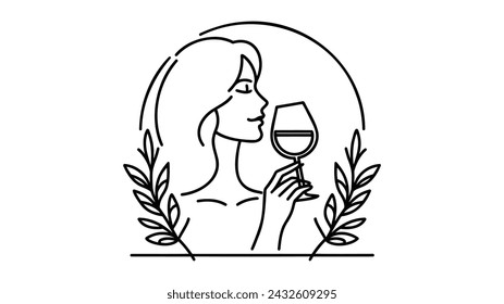 Girl holds wine or champagne from a glass. one line. Linear art vector illustration on white background