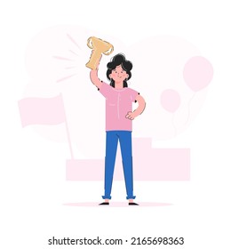 The girl holds the winner's cup in her hands. Trend illustration. Good for apps, presentations and websites. Vector.