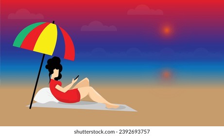 Girl in holiday beside sea beach relaxing or spending leisure time under umbrella with mobile in hand vector illustration landscape.