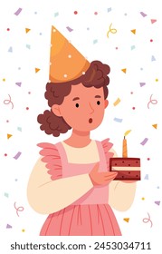A girl in a holiday cap blows out a candle on a cake and makes a wish.Birthday. Festive mood. Pastel colors. Hand draw.