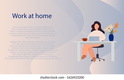 A girl in home clothes is sitting at a computer next to a cup of hot drink. Banner. Vector. The concept of homework. Freelance. Comfort and convenience when working outside the office.