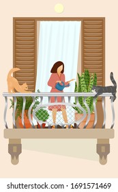 A girl in a home coat takes care of indoor flowers on the balcony. Cats walk on the railing and sleep. Wooden shutters, tulle on the window. Homework, work for pleasure and inspiration.