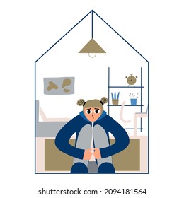 A Girl At Home During The Coronavirus Epidemic. The Mental Health Of Children And Adolescents During Isolation. Vector Illustration In A Flat Style.