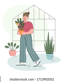 Niña en el jardín doméstico y invernadero con plantas cultivadas en macetas. Las mujeres jóvenes cuidan las plantas de sus casas. Ilustración vectorial de moda al estilo de las caricaturas planas. Perfecto para tarjeta o póster.