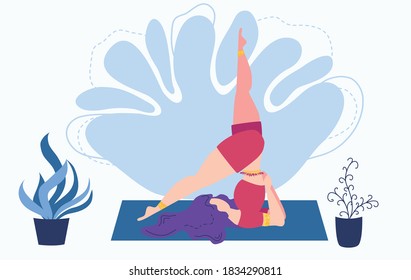 Girl at home in garden with plants growing in pots. Relaxed young woman enjoying rest. Girl meditates. flat cartoon style. Urban jungle. Meditation at Home