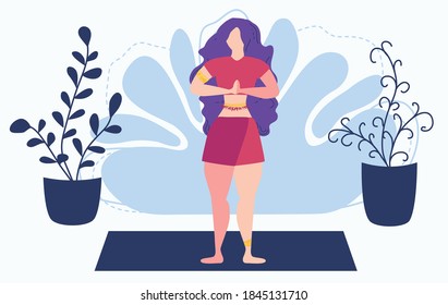 Girl at home in garden with plants growing in pots. Relaxed young woman enjoying rest. Girl meditates. flat cartoon style. Urban jungle. Meditation at Home