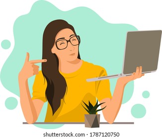 a girl at home with a laptop in her hand