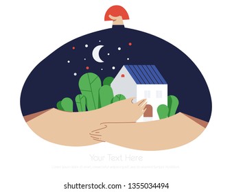 Girl with home on modern background. Vector illustration flat design. Use in Web Project and Applications. 