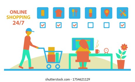 A girl from home orders goods in online stores on a computer. Delivery man brings purchases home. Concept of online shopping from home. Vector illustration