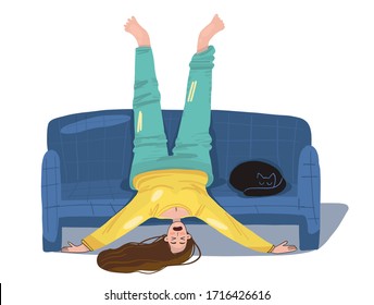 the girl at home in quarantine in an unusual position. Boredom and doesn't know what to do. Sofa at home. Poster what to do at home, funny comic