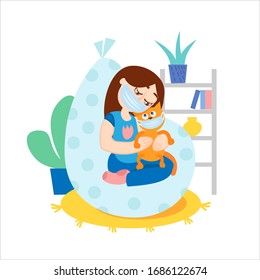 Girl at home with quarantined cat