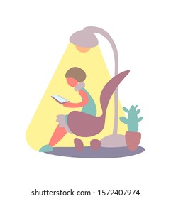 Girl at home reading a book. Color flat vector isolated illustration.