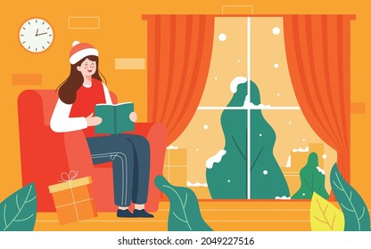 Girl home reading study illustration girl holiday home home leisure poster