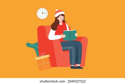 Girl home reading study illustration girl holiday home home leisure poster