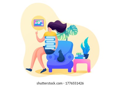 Girl at Home schooling during the pandemic, online training. Flat 2D character. Concept for web design