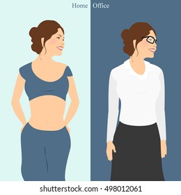 Girl home. A girl at work in the office. Vector