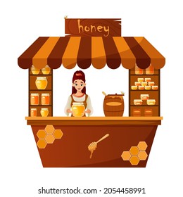 Girl honey farmer sells honey in a stall. Bee honey, sweets. Organic healthy homemade food. Vector illustration isolated on white background.