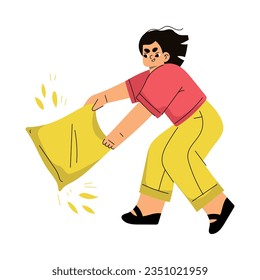 Girl Hooligan with Bad Behavior Fighting with Pillow Vector Illustration