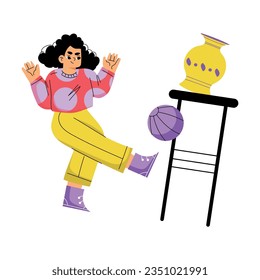 Girl Hooligan with Bad Behavior Kicking Ball in Vase Stand Vector Illustration