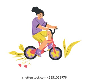 Girl Hooligan with Bad Behavior Riding Bicycle Across Flowers Spoiling Them Vector Illustration