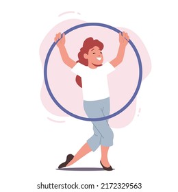Girl with Hoop, Child Playing Game, Sports and Active Lifestyle. Healthy Entertainment or Hobby. Isolated Young Female Character Play With Hula Hoop. Cartoon People Vector Illustration