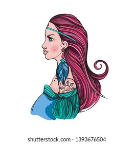 Girl with a hoop and earrings on a white background. Cartoon style.