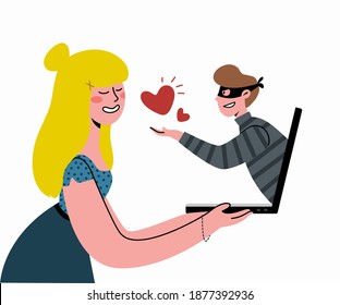 The girl hopes she has found true love through the Internet dating. The man is a liar who promises sparkling feelings, but is actually a thief. Vector flat illustration. 