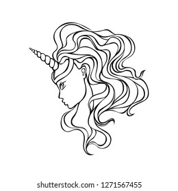 Girl with a horn of the unicorn fairytale magical fantasy character, romantic hand drawing black and white illustration. Coloring page. Design for logo. Print for t-shirt or sticker. 