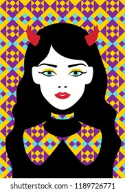 Girl with horns and an apron on an abstract mosaic background. Vector flat art illustration of Halloween.