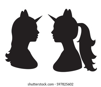 Girl with horns and ears. Silhouette black. Vector illustration isolated on white background. Side View.