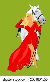 Girl with horse illustration. Colorful vector illustration