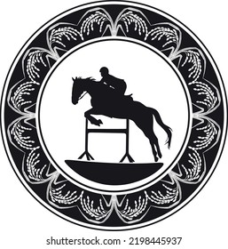 girl and horse jumping love with floral frame handmade vector design