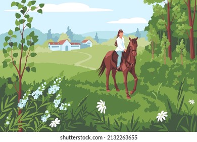 Girl horseback riding bay horse in nature vector illustration. Summer activities and equestrian hobbies at countryside flat concept