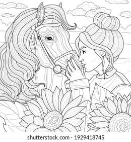 
Niña con caballo. Colorante libro antiestrés para niños y adultos. Ilustración aislada sobre fondo blanco. Estilo zenano-margino. Dibujo manual